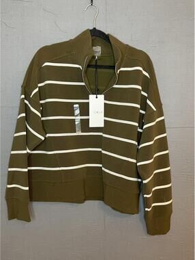 CALIA Women's XXL Striped 1/4 Zip Pullover Olive Green Mock Neck Sweatshirt
